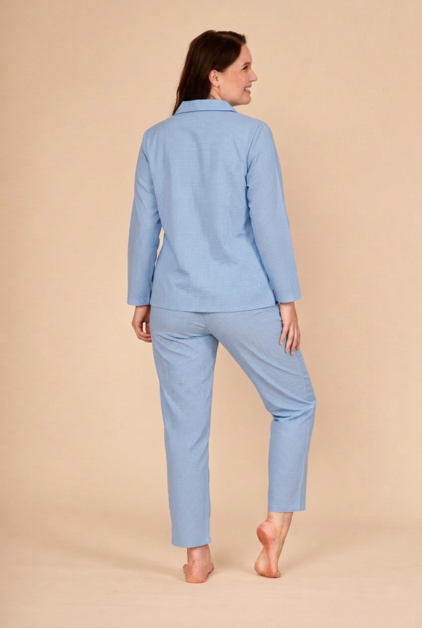 Hellblauer Pyjama mit feinem Mikro-Vichy-Karo, Rückansicht
